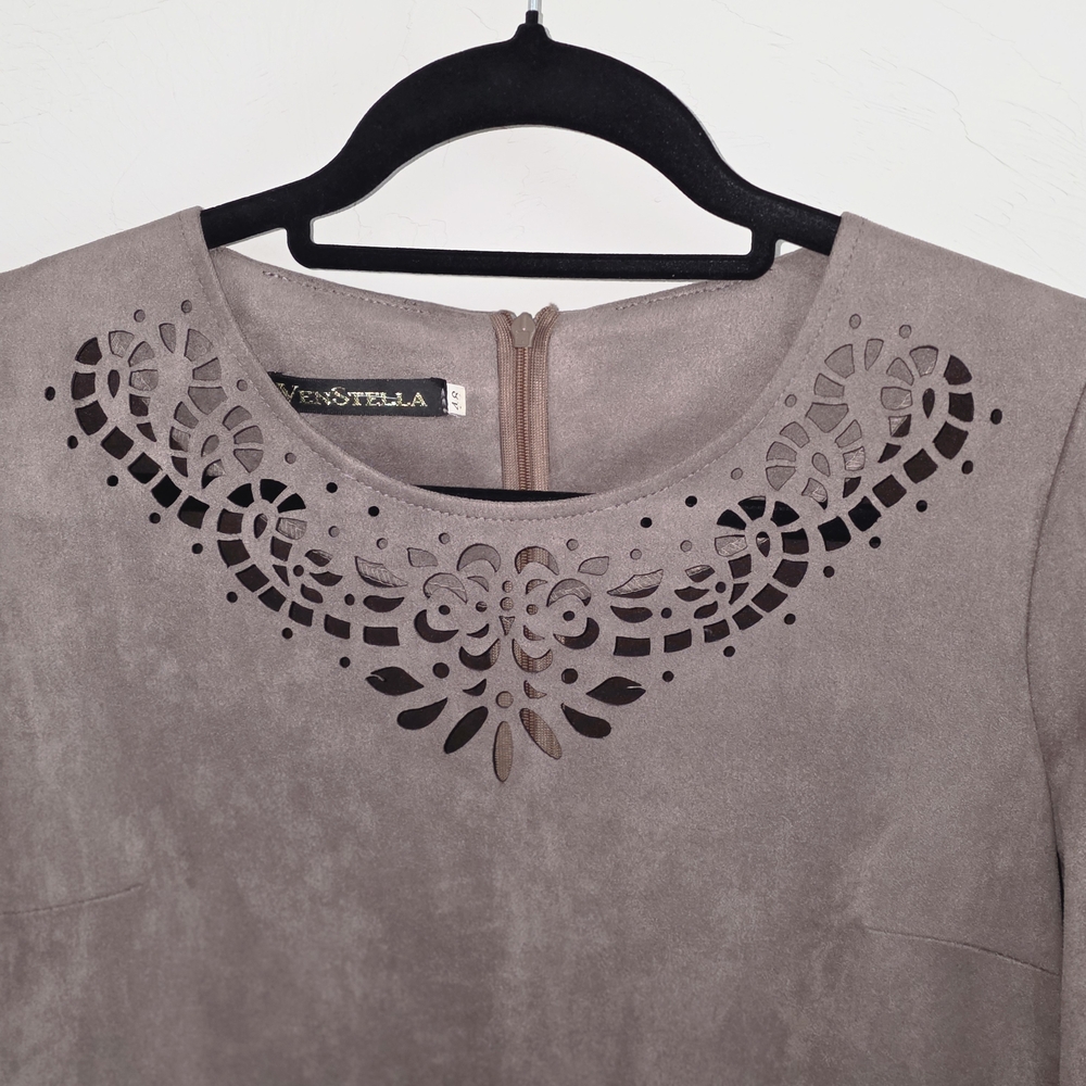 Elegant Taupe Suede Dress with Laser Cut Design